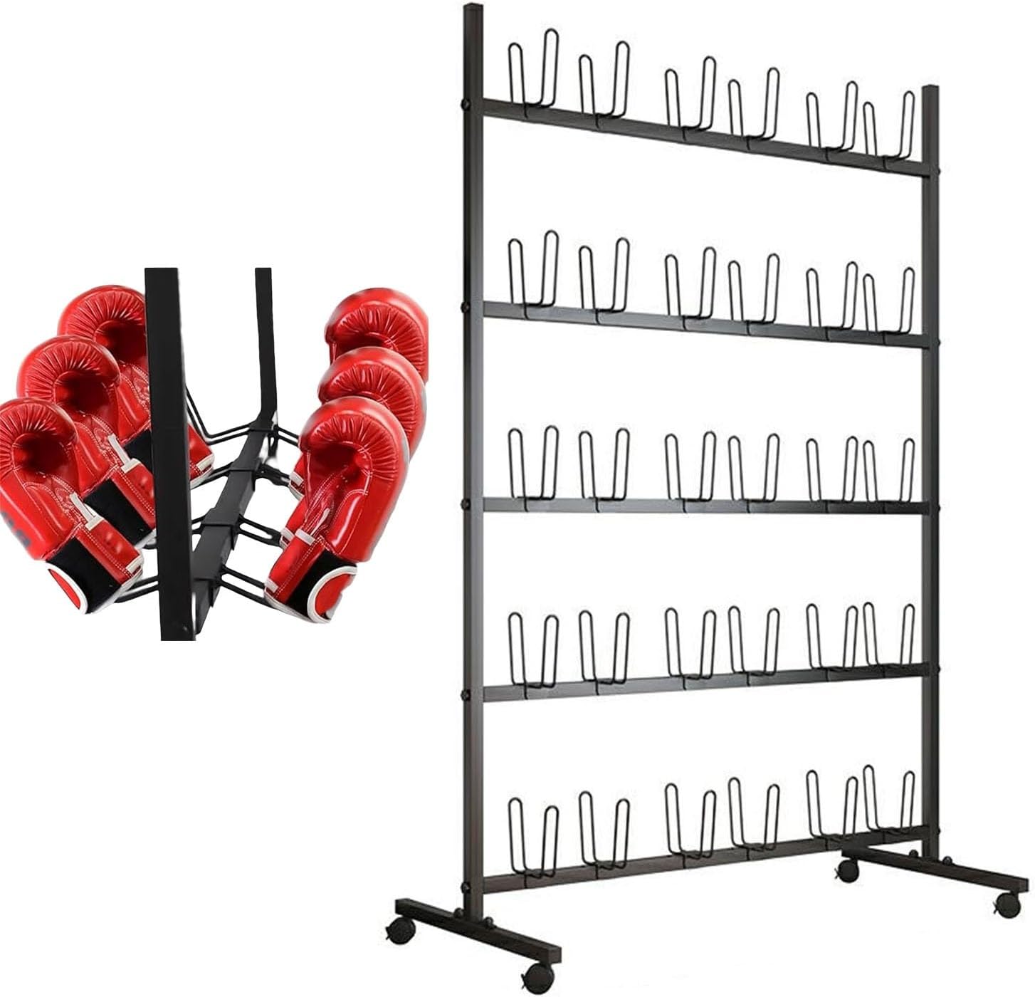 Boxing Glove Storage Stand with Universal Wheels, 5 Tiers Holds 30 Pairs, Metal Boxing Gloves Drying Storage Rack, Drying Storage Stand for Gym Home Training Room Taekwondo Gym