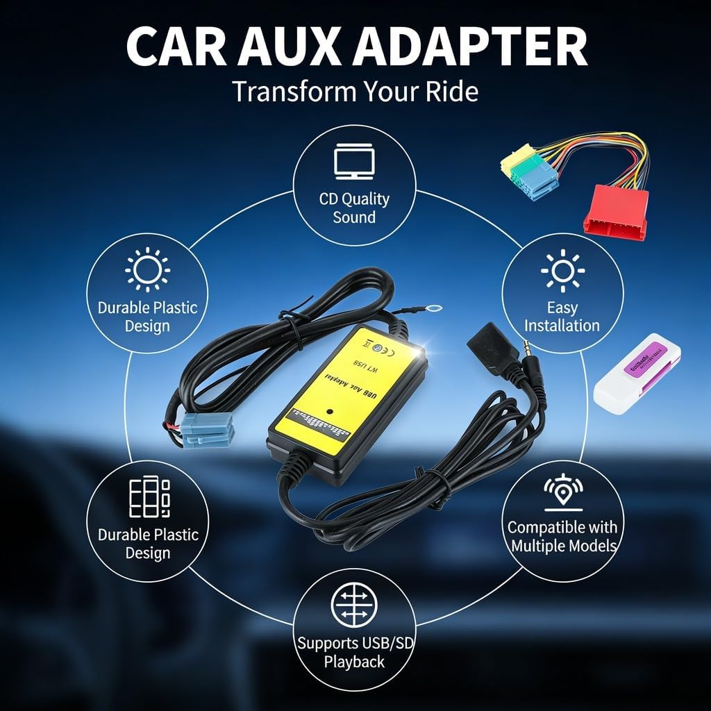 8Pin CD Changer Adapter Car AUX Interface, MP3 USB Audio, 20Hz - 20KHz - Built - in Amplifier Chip, Easy Installation, Universal Fit for Seat