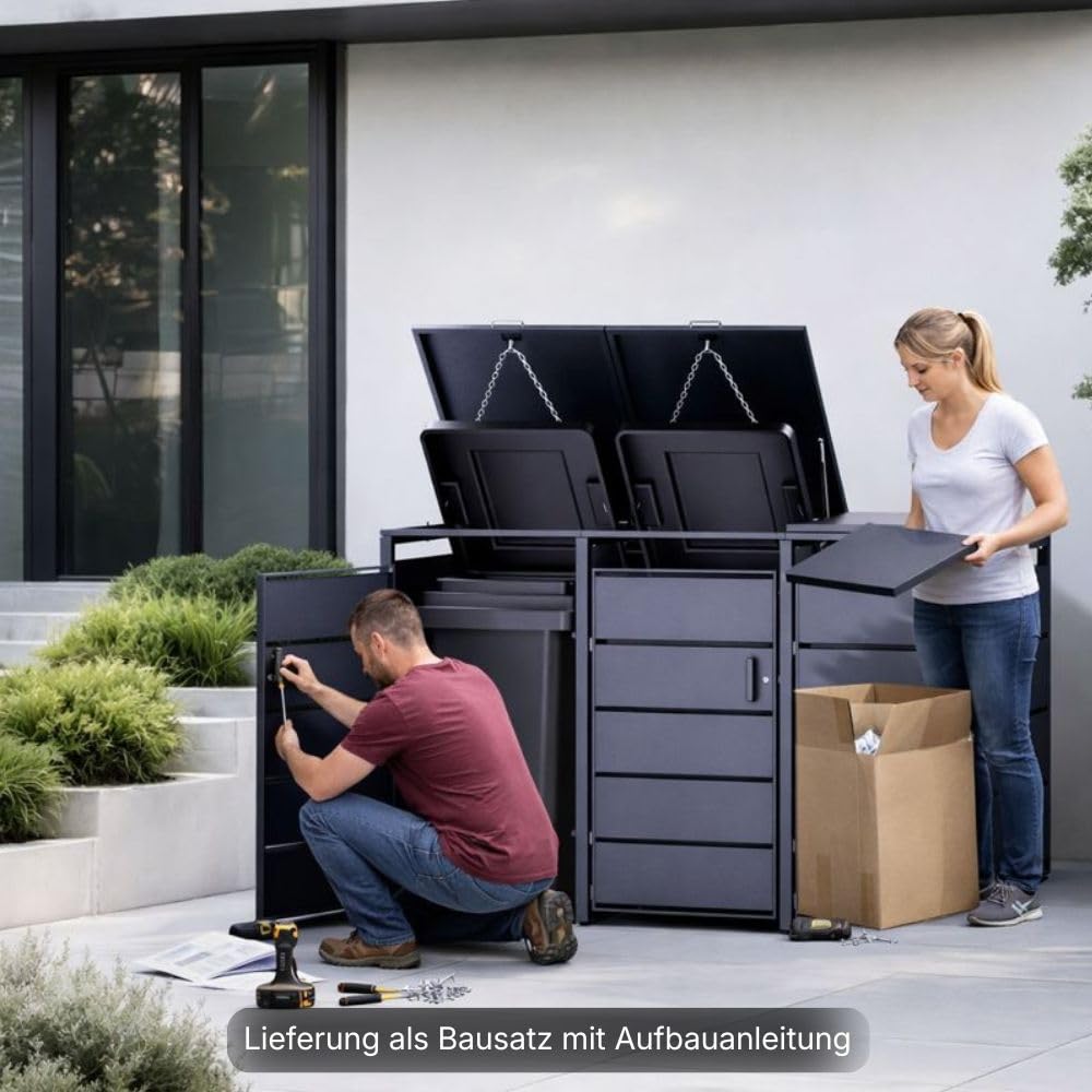 RS Trade Mülltonnenbox 3er Anthrazit für 120L & 240L, wetterfeste Mülltonnenverkleidung mit 3 Türen, abschließbares Mülltonnenhaus, Umhausung für Mülltonnen, Sichtschutz für Abfalltonnen draußen