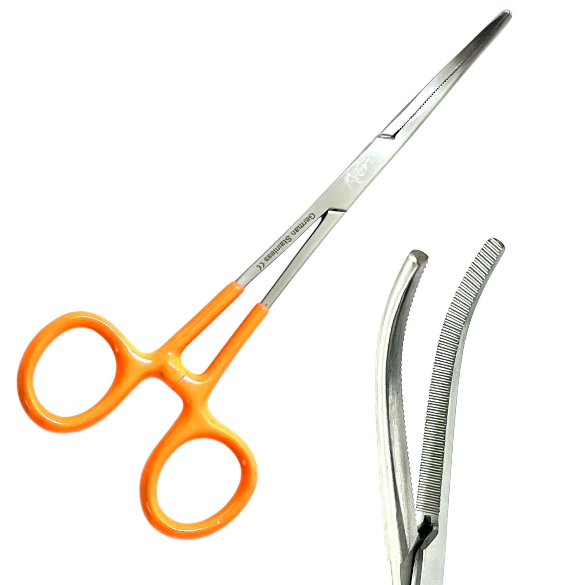 German Vinyl Grip Locking Straight & Curved Hemostat -Hemostat Forceps- Stainless Steel Locking Tweezer Clamps - Ideal Hemostats for Nurses, Fishing Forceps, Crafts and Hobby (Orange CVD 6.25")