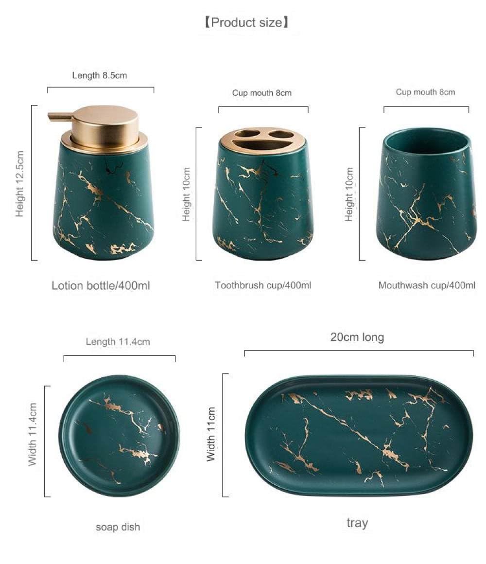 Ceramiczny 4-częściowy dozownik mydła w marmurze do mycia naczyń - dozownik mydła do rąk z pompką, uchwyt na szczoteczkę do zębów/dozownik mydła w kubku (zielony 1 rozmiar)