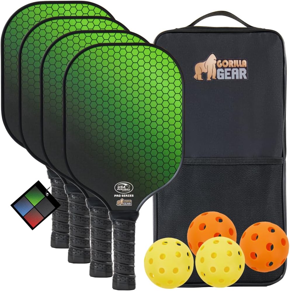 Gorilla Gear USAPA Approved Pickleball Starter Set, Fiberglass Paddles with Bag and Balls, Indoor Outdoor Court Use, Comfortable Racket Grip, Oversized Sweet Spot Pickle Ball Paddle for Men, Women 4 Pack Green