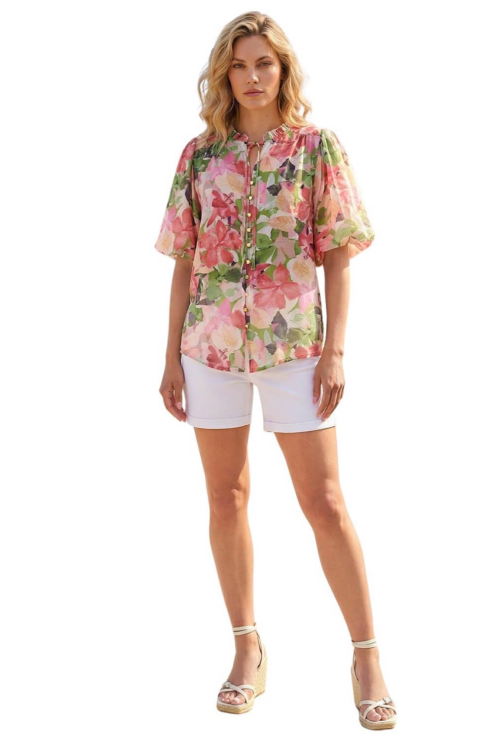 Roman Originals Women's Pink Patchwork Print Tie Front Blouse For Uk - Everyday Holiday Spring Summer Round Neckline Comfy Soft Evening Vacation Work Party - Size 18