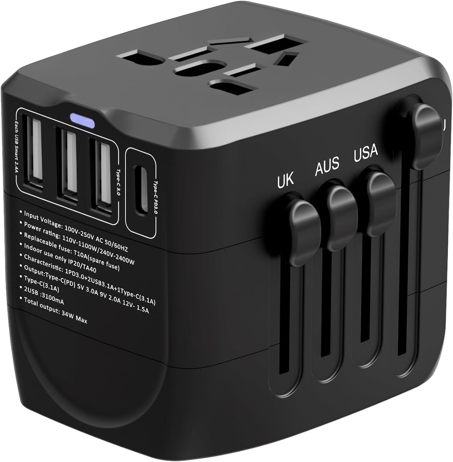 WAUDM 250W Conversion Plug, International Travel Converter with 2 USB and 2 USBC