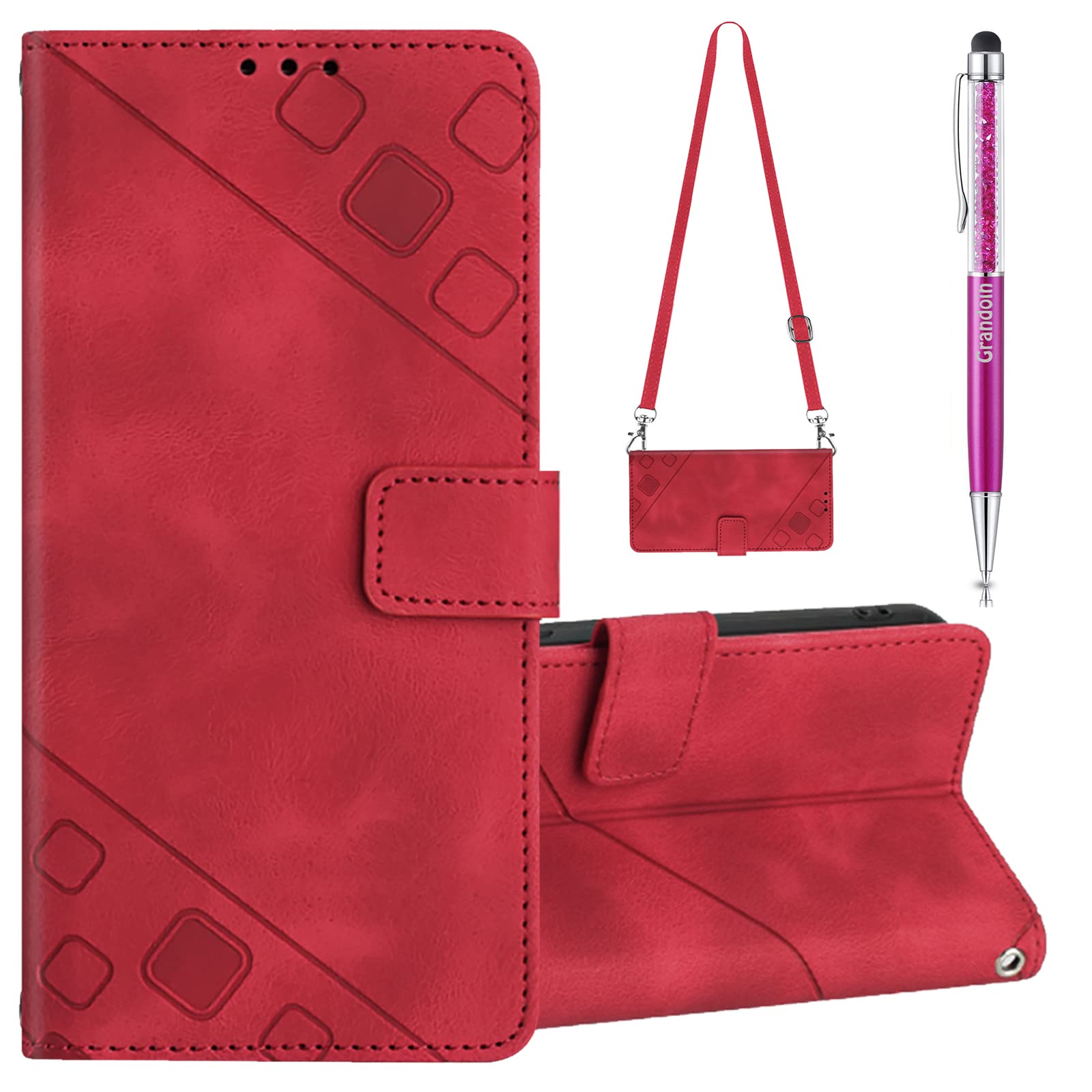 VQWQ Custodia per Oppo A78 5G, Cover a Portafoglio in Pelle PU Glitter Farfalla Slot per Schede Libro Supporto Cavalletto Flip Case Tracolla Regolabile Magnetica per Maschio -[HT02]-Red 2