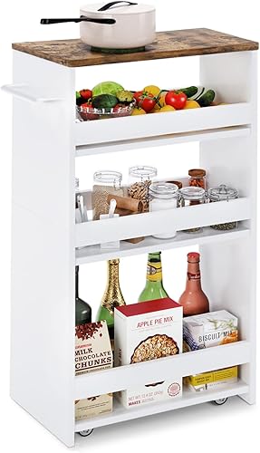 TEAMIX Carrito de almacenamiento delgado blanco de 4 niveles con asa, carrito de almacenamiento deslizante con ruedas, carrito organizador de