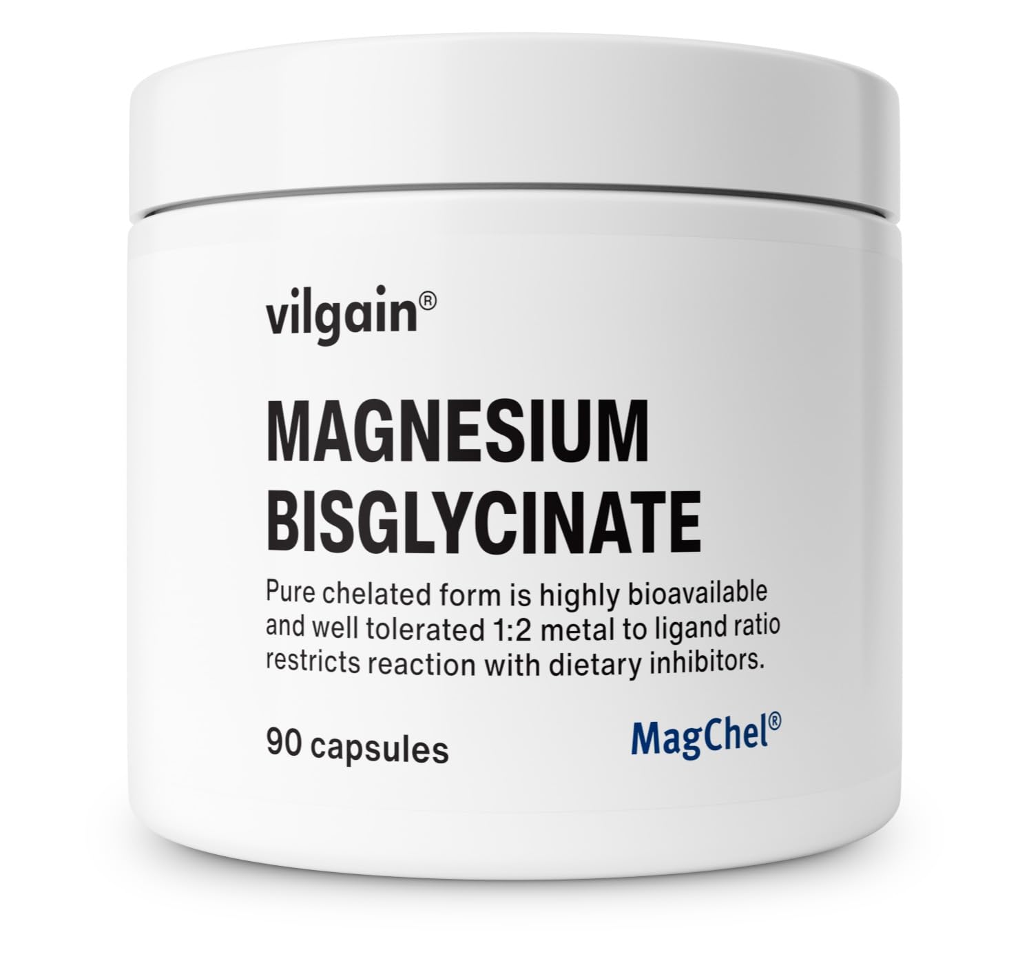 Vilgain Magnesium, Magnesium Bisglycinate for Proper Body Function, Optimally Used, Vegan and No Unwanted Additives, 90 Capsules