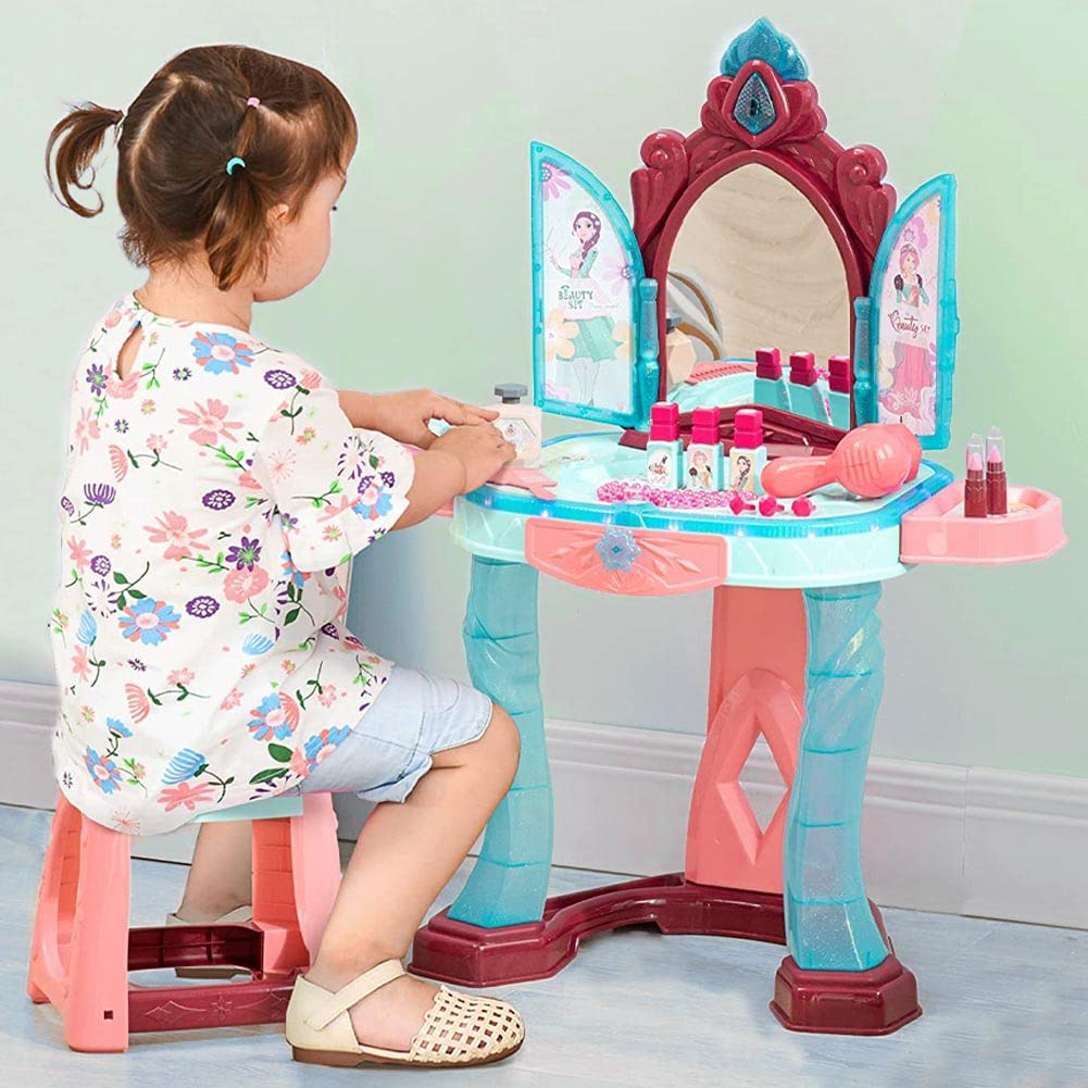 BAKAJI Specchiera Toeletta per Bambine con Sensore di Apertura Porte Set Bellezza Make Up Mobile con Sgabello e Accessori Realistici Gioco con Luci e Suoni con Cassetto Contenitore Sicuro Robusto