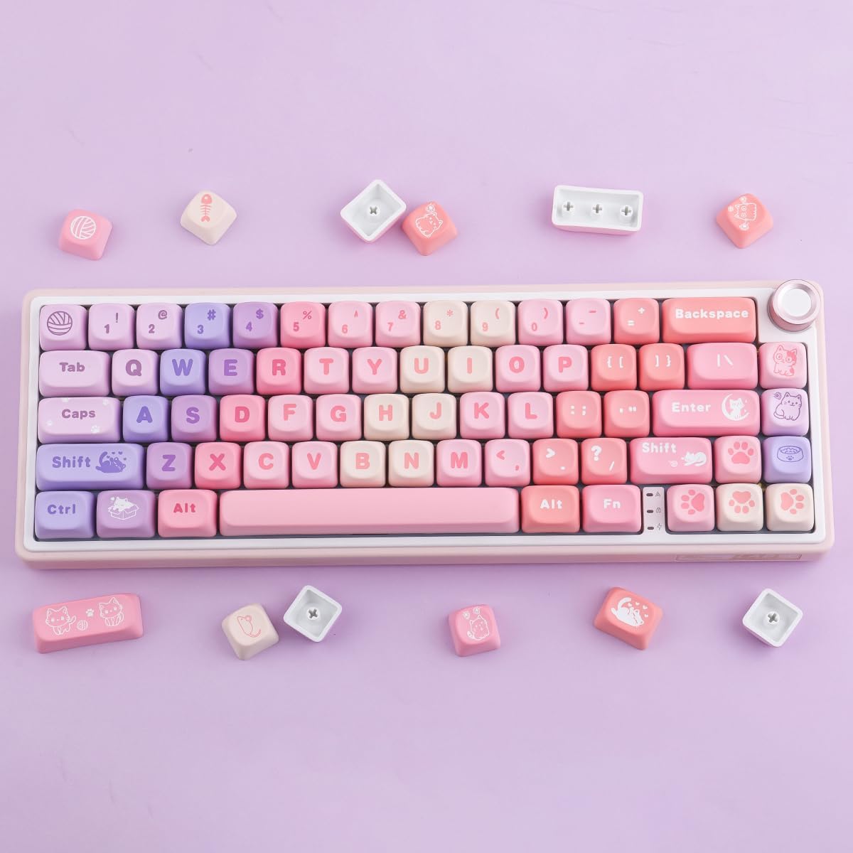 PBT Keycaps 136 Keys MOA Keycaps, Gradient Cat Keycap Dye-Sublimation Cute Custom Keycap Set for Cherry Gateron MX Swithes Mechanical Gaming Keyboards