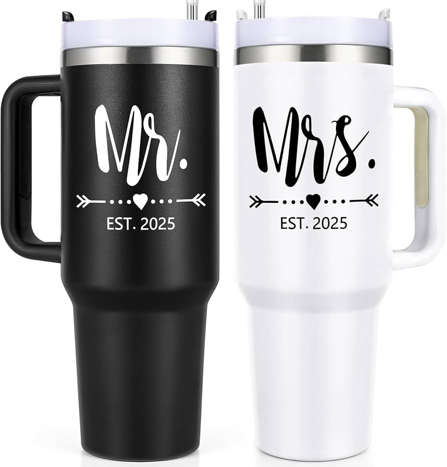 Qtencas Mr and Mrs Gifts, Mr and Mrs EST 2025 Stainless Steel Travel Tumblers Set, Engagement Wedding Gifts, 40 oz 2025 Travel Mug for Couples Newlyweds, Bridal Shower Anniversary Cups（Black & White）