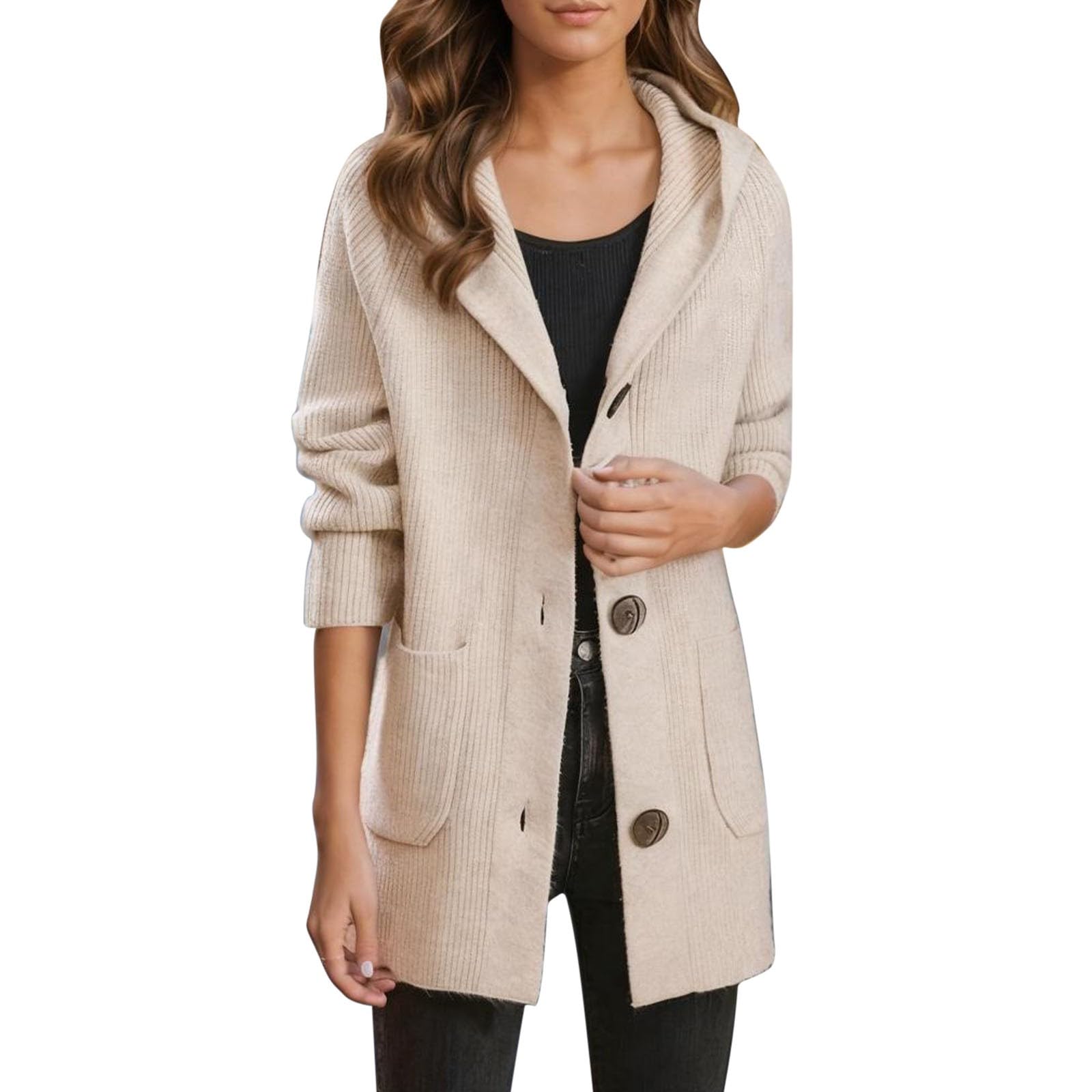 Women Long Cardigan Chunky Cable Knit Fall Sweaters Lightweight Button Up Open Front Cardigans Coats with Pockets