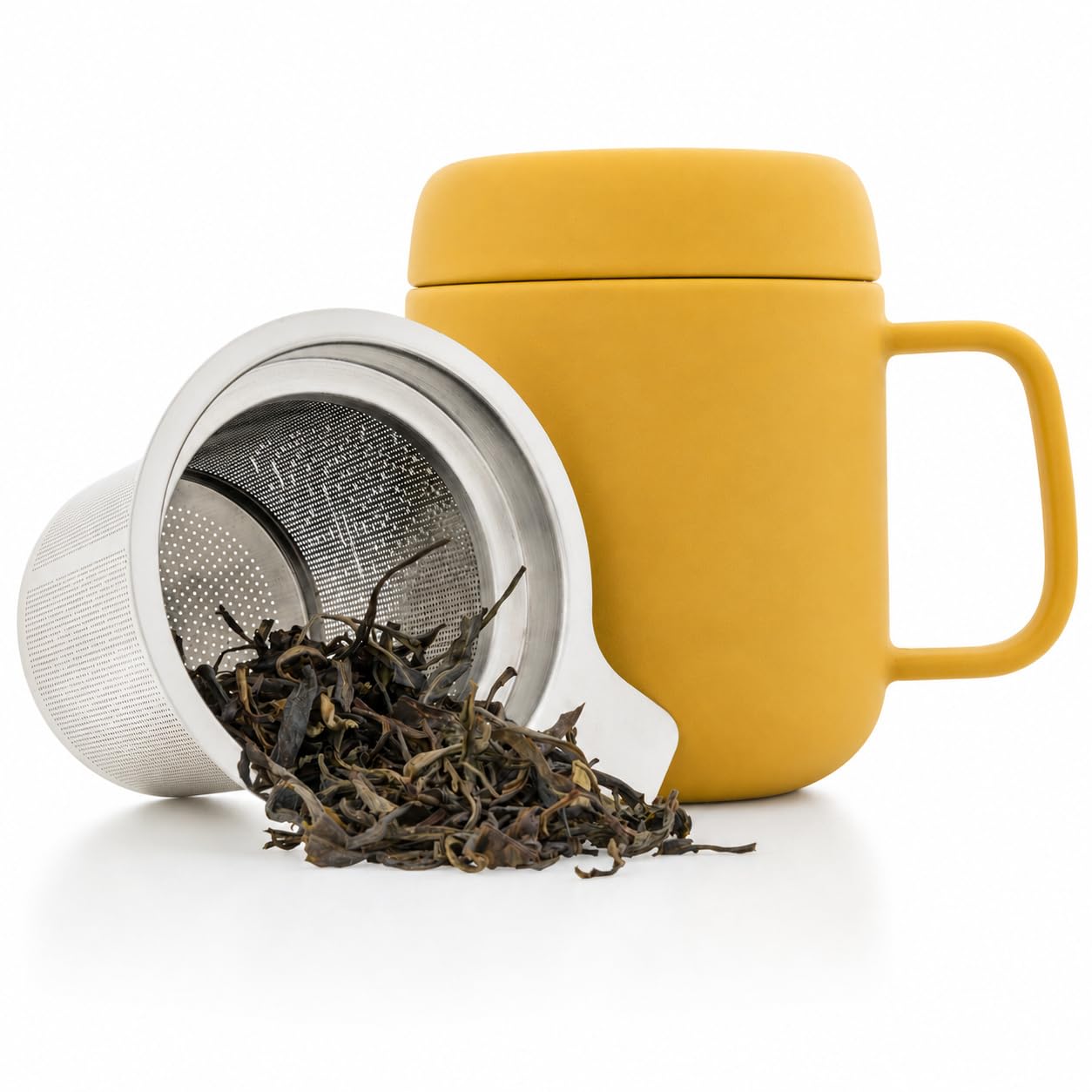 tealyra - Sumo Porcelain Loose Tea Steeping Mug - 450 ml - Ceramic Cup with Infuser and Lid/Coaster - Stainless Steel Infusion Strainer