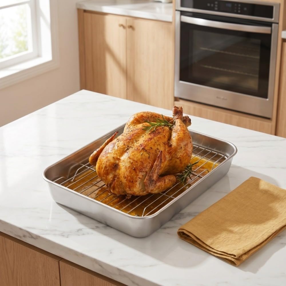 Roasting Pan and Rack Set Stainless Steel Easy Clean Rectangular Roaster with Rack for Cooking Baking(10.43 * 8.07 * 1.97in)