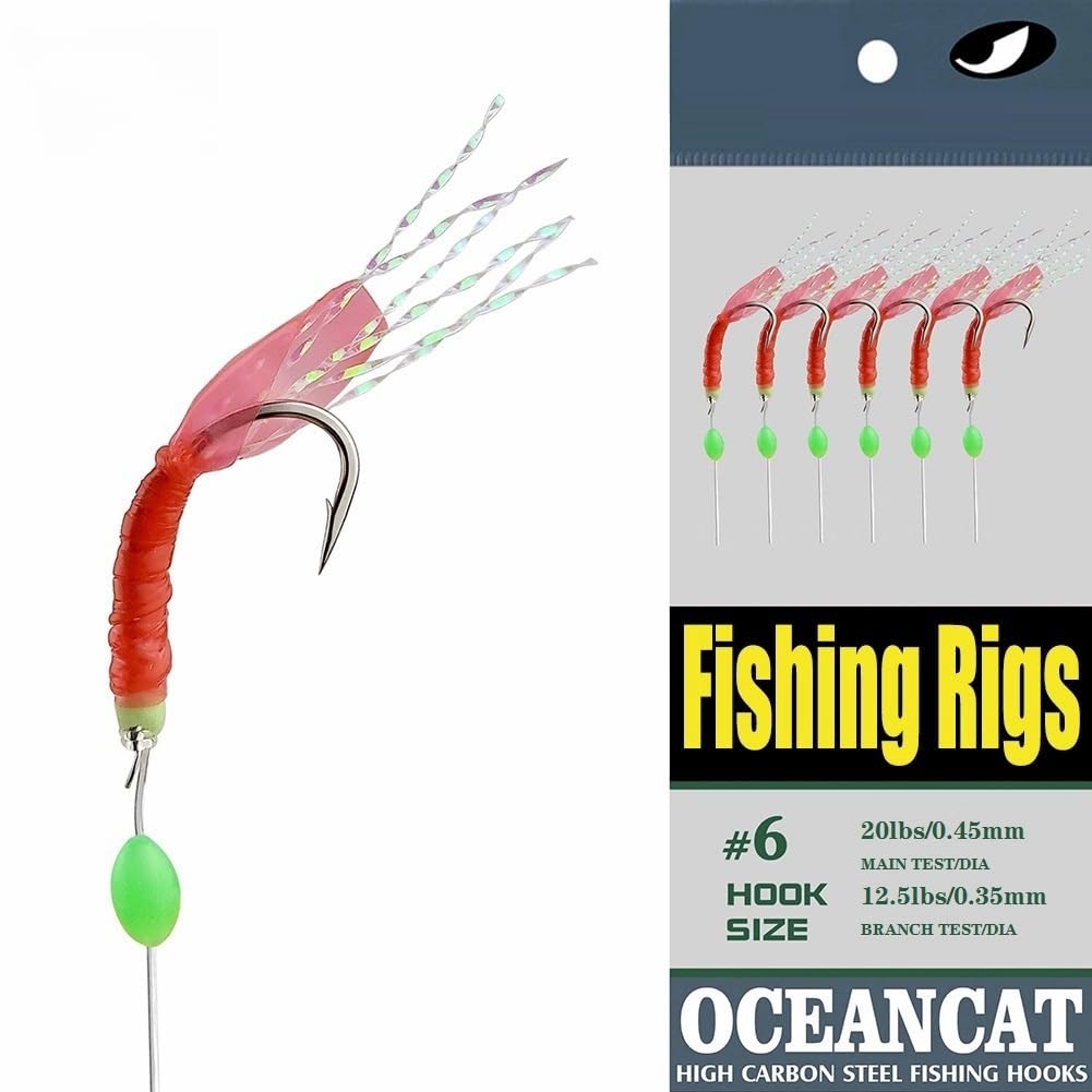 6 Hook/Set Fishing Rigs Red Feather Fish Skin Rubber Silk String Hook Fishing Lure Saltwater Freshwater Bait Rig Tackle 5#6#7#8#9#10# (#8-10 Packs)