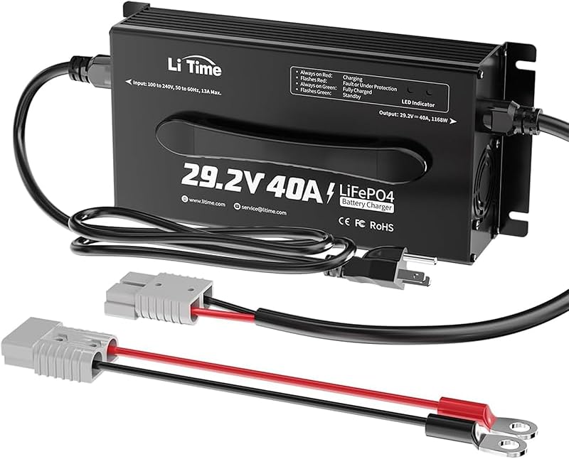 Carregador de Bateria LiTime 24 V 40 A para LiFePO4, Ativação de 0 V e Saída de 29,2 V