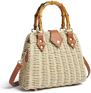 Kurava Woven Straw Handbag Beach Bag with Bamboo Handle, Brown Leather Trim, Crossbody and Adjustable Strap, Natural and Super light