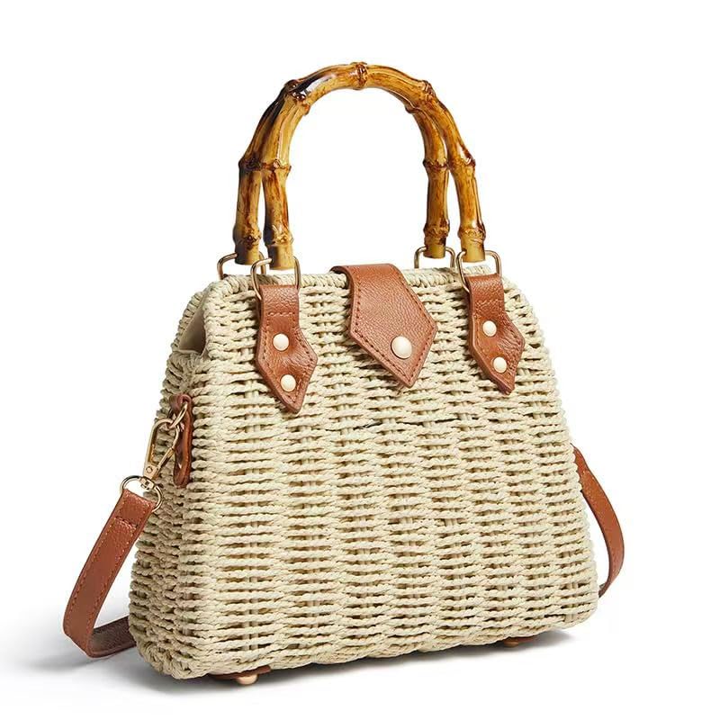 Woven Straw Handbag with Bamboo Handle, Brown Leather Trim, Crossbody Strap, Natural