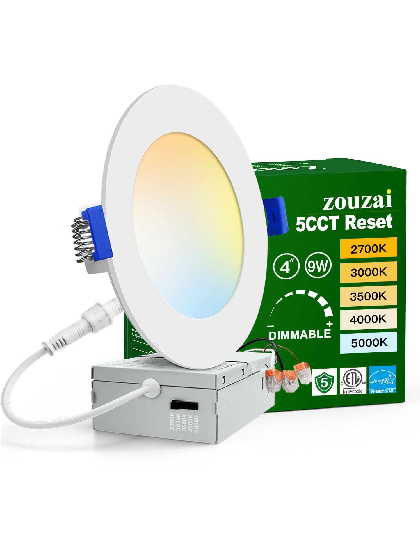 zouzai 1 Pack 4 Inch 5CCT Ultra-Thin LED Recessed Ceiling Light with Junction Box, 2700K/3000K/3500K/4000K/5000K Selectable, 9W Eqv 80W, Dimmable, led can Lights - ETL and Energy Star Certified