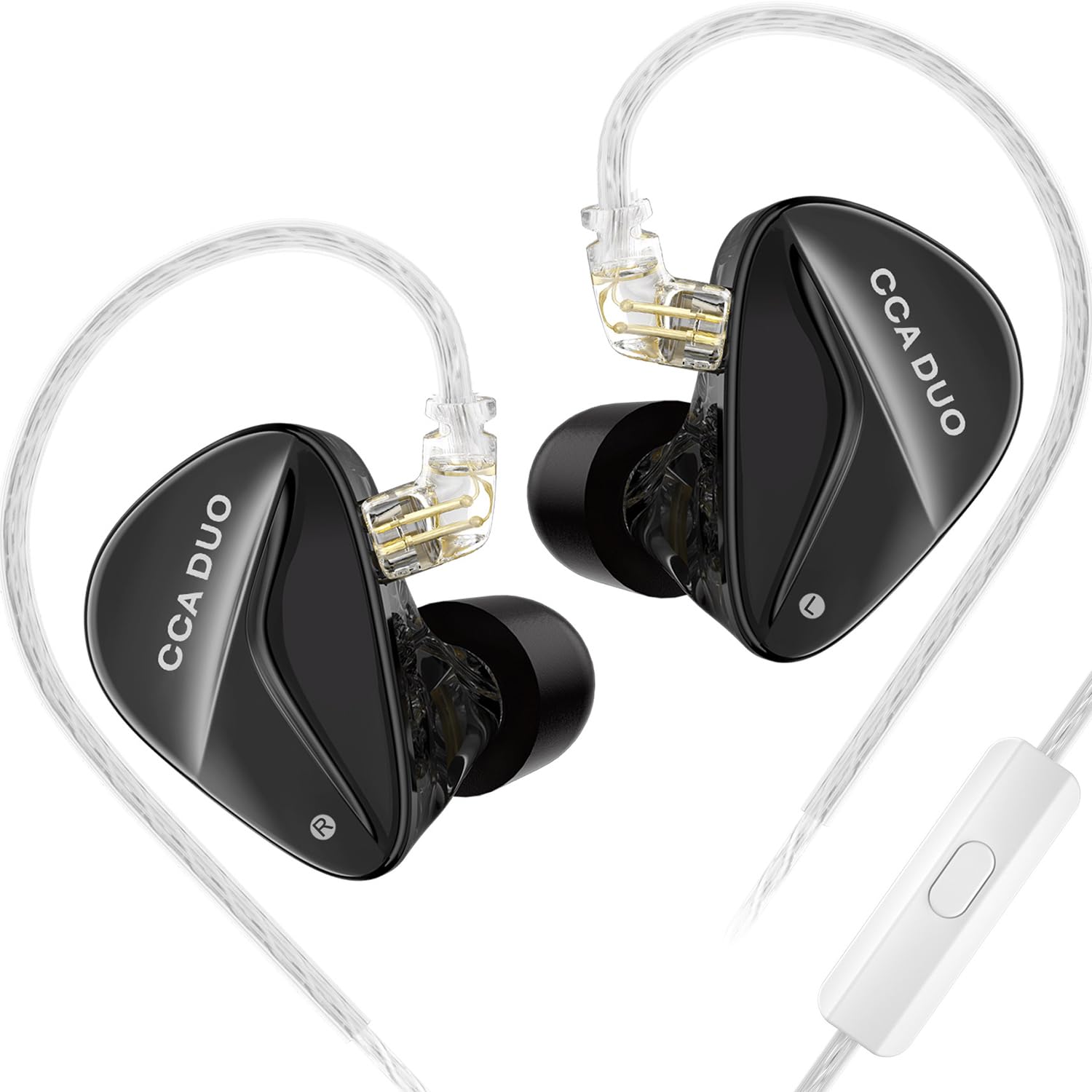 CCA Duo 3D Printing Dual Dynamic Driver in-Ear Monitor,CCA HiFi Headphones Wired IEM Earbuds w/0.75mm Detachable Silver Cable (with Microphone, Black)