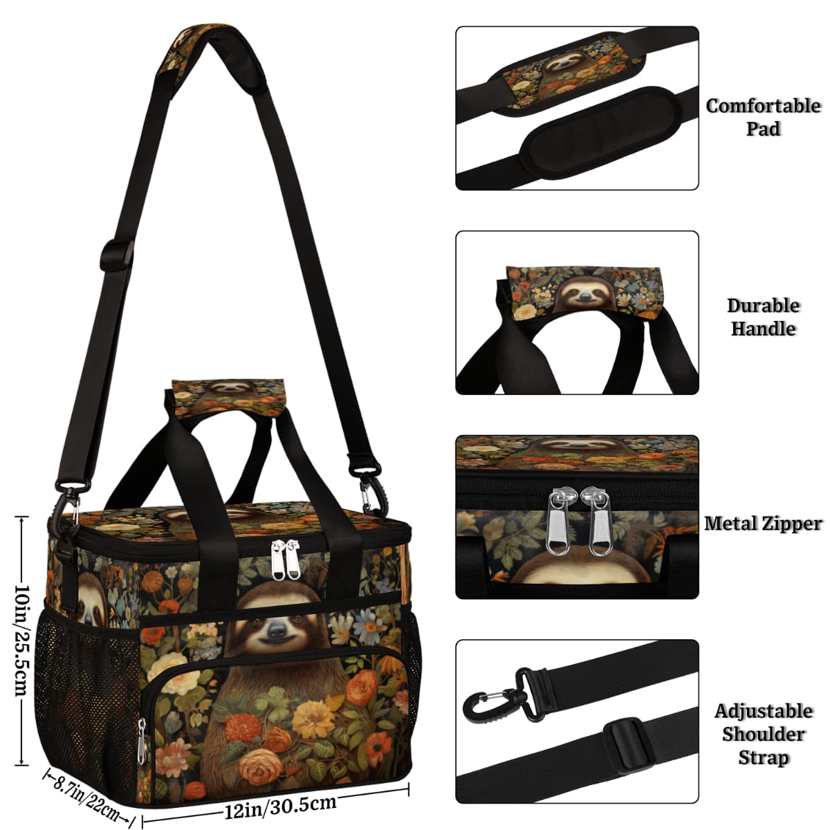 Sloth Floral Insulated Picnic Backpack Lunch Box for Women Men Picnic Basket Tote Lunch Bag Picnic Bag Portable Lunch Bags for Picnic, Beach, Work, Trip,Office, Camp Sloth