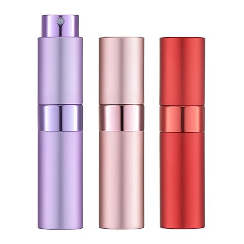 LISAPACK Botella atomizadora de perfume de 0.3 fl oz para viajes (3 piezas) dispensador de colonia vacío, rociador portátil (rojo, rosa, morado)