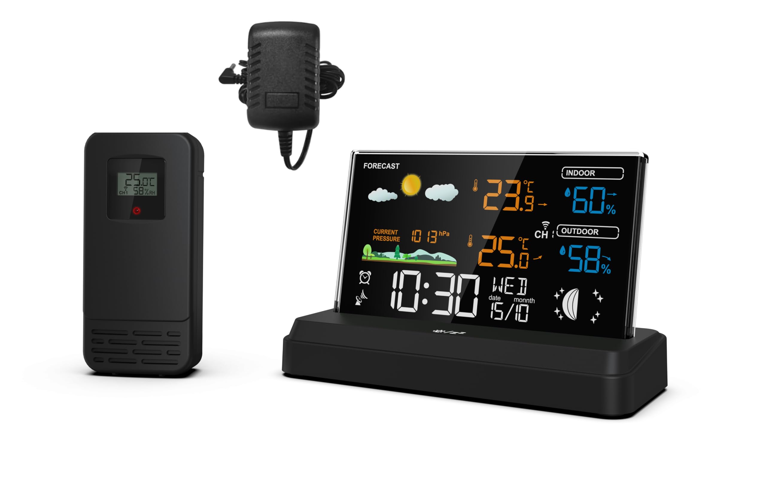 SOUCCESS FUNK-WETTERSTATION "DELUXE" - FARBIGE WETTERSTATION MIT FUNKUHR, WETTERDATEN, AUSSENSENSOR, MONDPHASE, TEMPERATUR, LUFTDRUCK, NETZTEIL