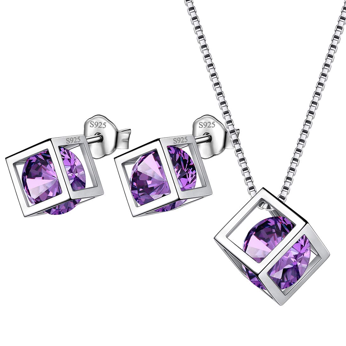 Aurora Tears 925 Sterling Silber Birthstone Halsketten Ohrstecker Schmuck Sets Geschenke Quadrat Birthstone Anhänger für Frauen und Mädchen