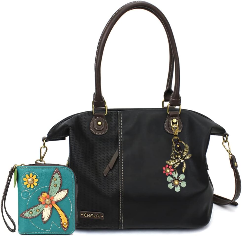Chala Handbags LaserCut Totes Shoulder Purse with Matching Wallet Gift Set (Black_ Metal Dragonfly & Dragonfly Wallet)