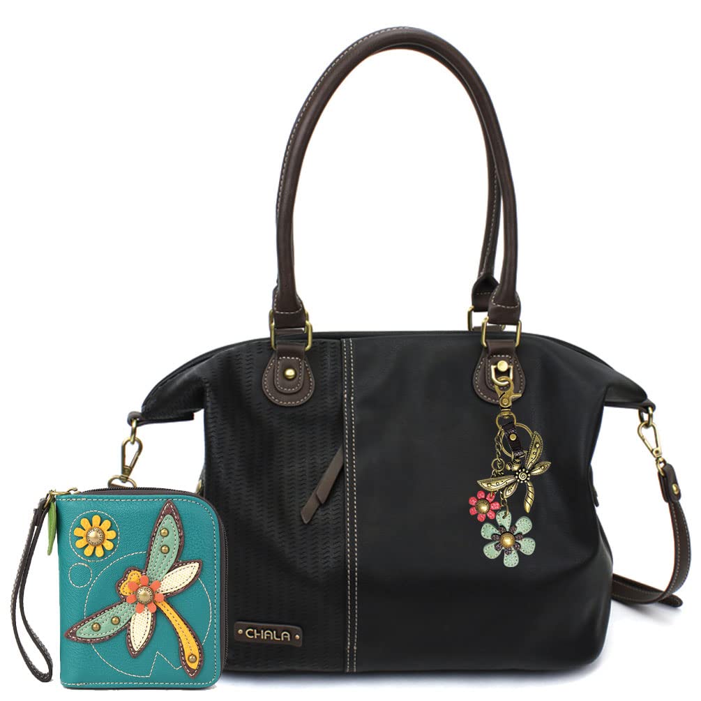 Chala Handbags LaserCut Totes Shoulder Purse with Matching Wallet Gift Set (Black_ Metal Dragonfly & Dragonfly Wallet)