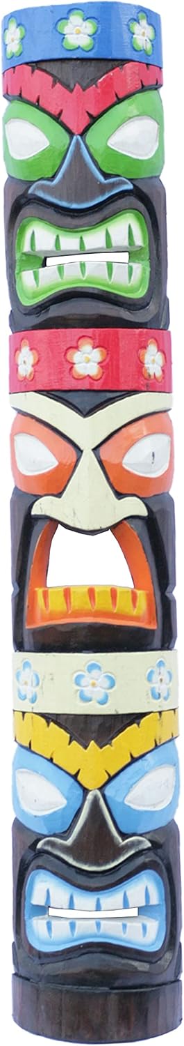 Hand-Carved Tropical Tiki Mask with Turtle and Hibiscus Flower