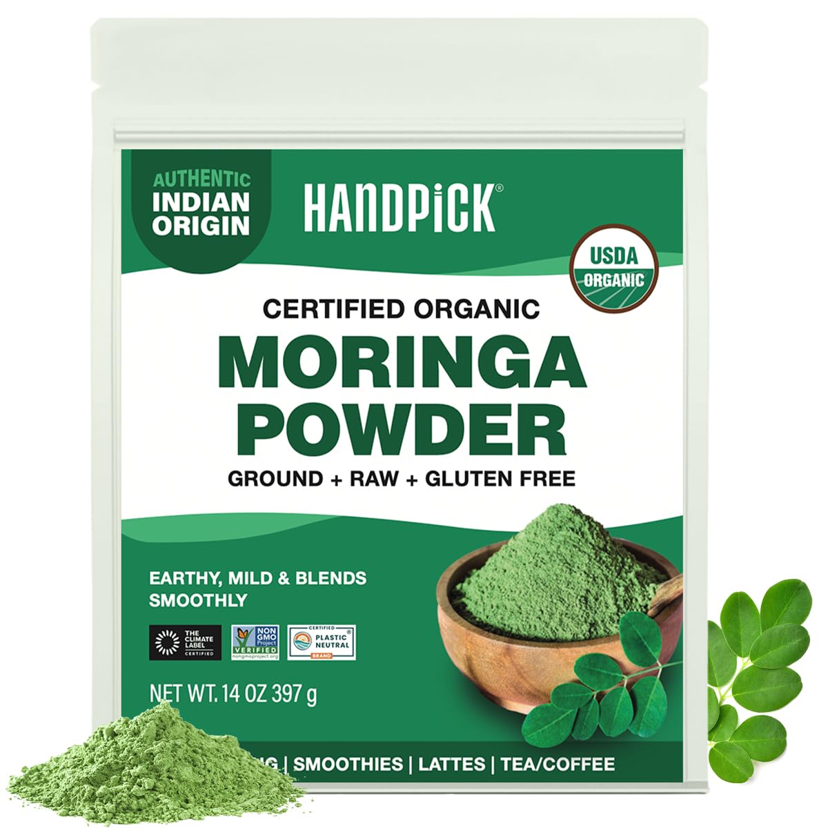 HANDPICK USDA Organic Moringa Powder (397g/14oz) Pure Moringa Oleifera Leaf Powder | Authentic Indian Origin | Gluten Free, Non-GMO | Perfect for Smoothies, Drinks, Tea & Recipes