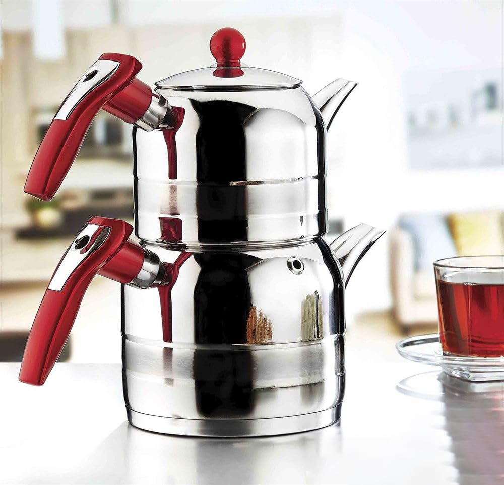 Yagmur Stainless Steel Turkish Teapot Set for Stovetop, 0.65 Quart (0.65L) Tea Pot and 1.27 Quart (1.2L) Tea Boiler, Double Tea Maker with Bakelite Handles, Samovar Style, Mini
