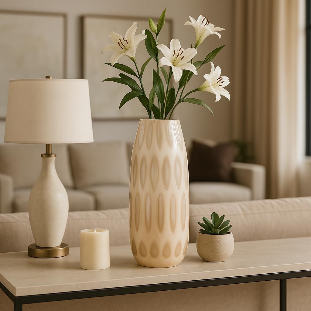 Decorative Large Glass Vase with Chiseled Accent for Living Room Decor - Elegant Flower Vase Perfect for Offfice Styling, Tabletop, and Home Decor - Artisan House Accent for Bedroom - 18" Tan