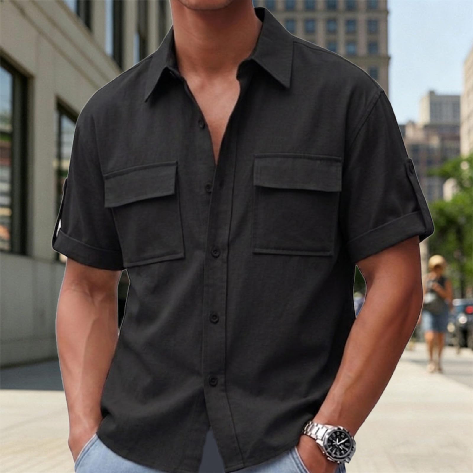 Camicia Maniche Corte Uomo, Camicia Manica Corta Uomo Camicia Cargo Elasticizzata A ManichCortAttività All'Aperto Colletto Buttondown Campeggio Viaggi Prestazioni Praticità Avventura Leggera