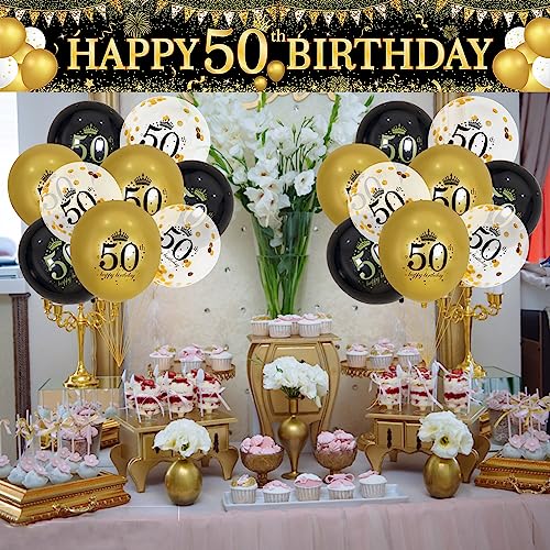 Image of 50th Birthday Decorations - Black Gold 50th Birthday Banner and Balloons for Indoor /Outdoor Parties
