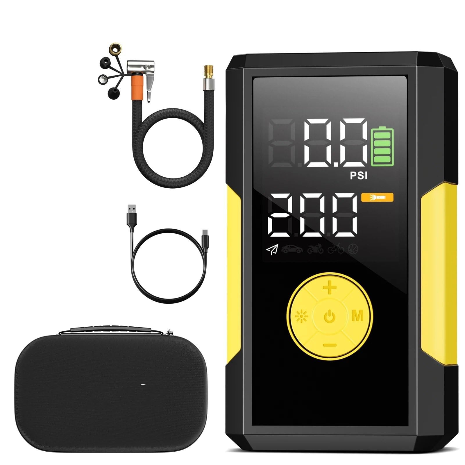 Compressore Aria Portatile Gonfiatore Elettrico Portatile per Pneumatici Compressore ad Aria Portatile | Compressore d'aria Per auto 200PSI con batteria 10000mAh Per auto(Yellow)