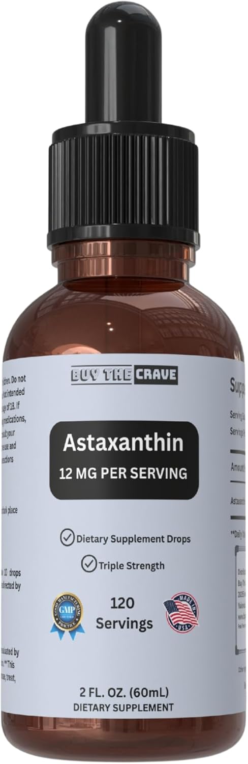 Astaxanthin Liquid Drops Infused with Cold Pressed Extra Virgin Olive Oil – 12mg per Serving – Natural Antioxidant Support – 2 fl oz Dropper Bottle – Vegan, Non-GMO