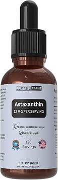 Astaxanthin Liquid Drops Infused with Cold Pressed Extra Virgin Olive Oil 12mg per Serving Natural Antioxidant Support 2 fl oz Dropper Bottle Vegan, Non-GMO
