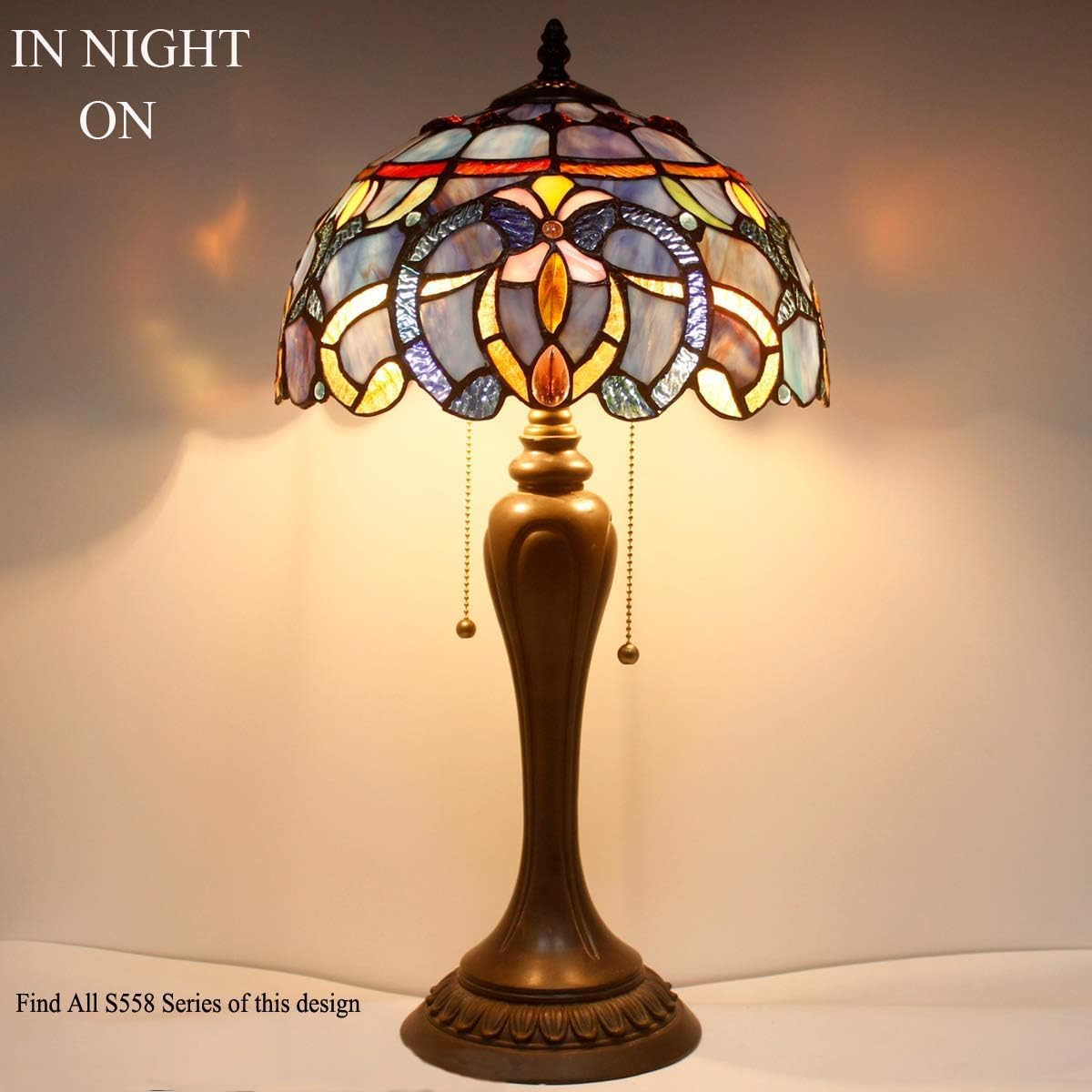 WERFACTORY Tiffany Style Table Lamp Blue Purple Cloud Stained Glass Bedside Desk Reading Light 12X12X22 Inches Decor Bedroom Living Room Home Office S558 Series