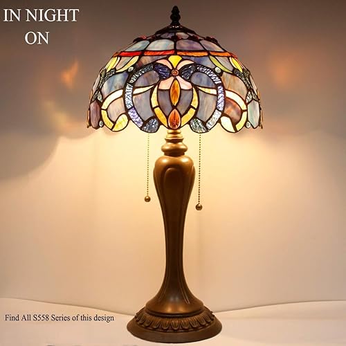 Miniatura 5 de WERFACTORY Lámpara de mesa estilo Tiffany con nubes azules y moradas, luz de lectura para mesita de noche, 12 x 12 x 22 pulgadas, decoración para