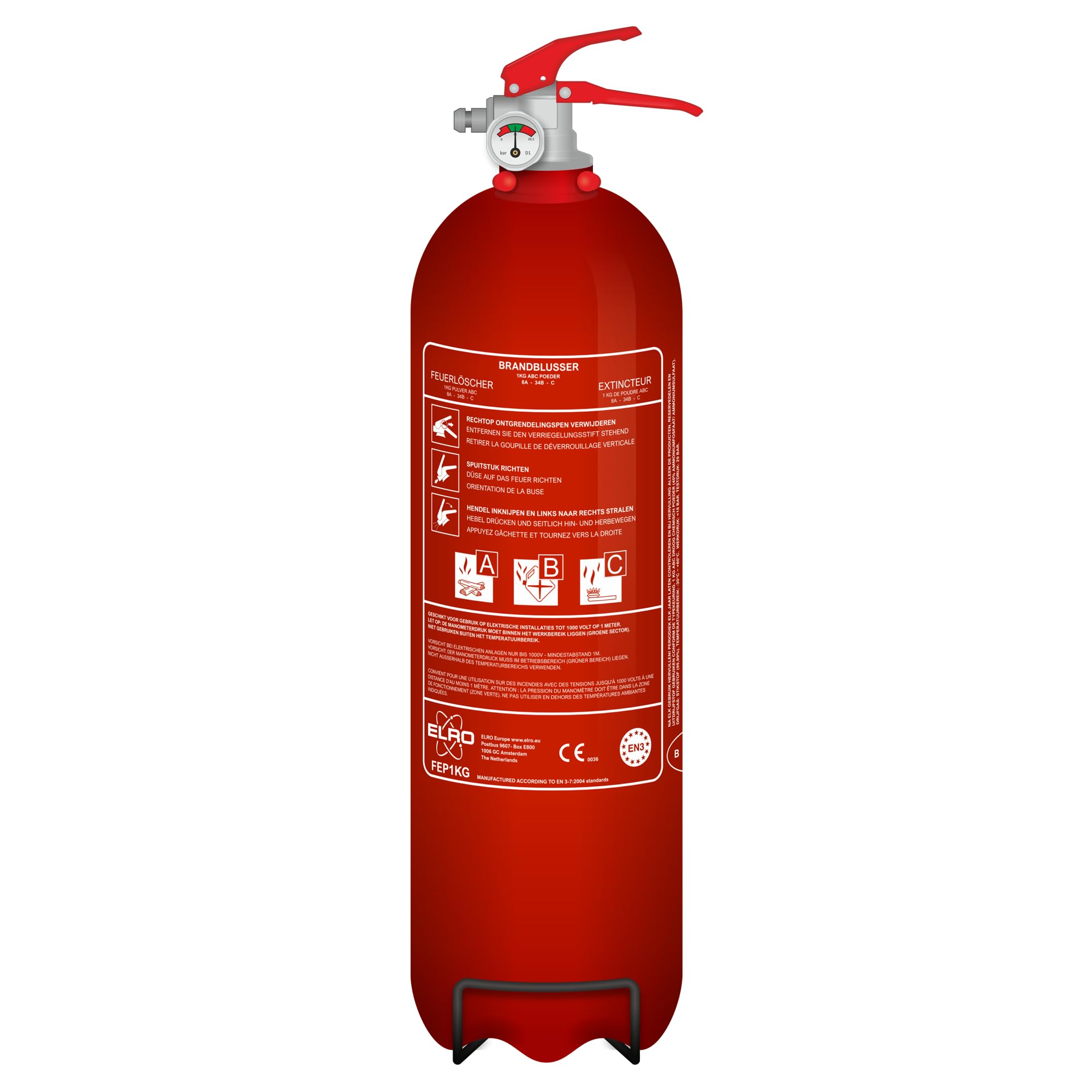 ELRO FEP1KG Extincteur à Poudre 1 kg – Classes ABC – pour Voiture, Maison, Caravane, Garage – Certifié en 3