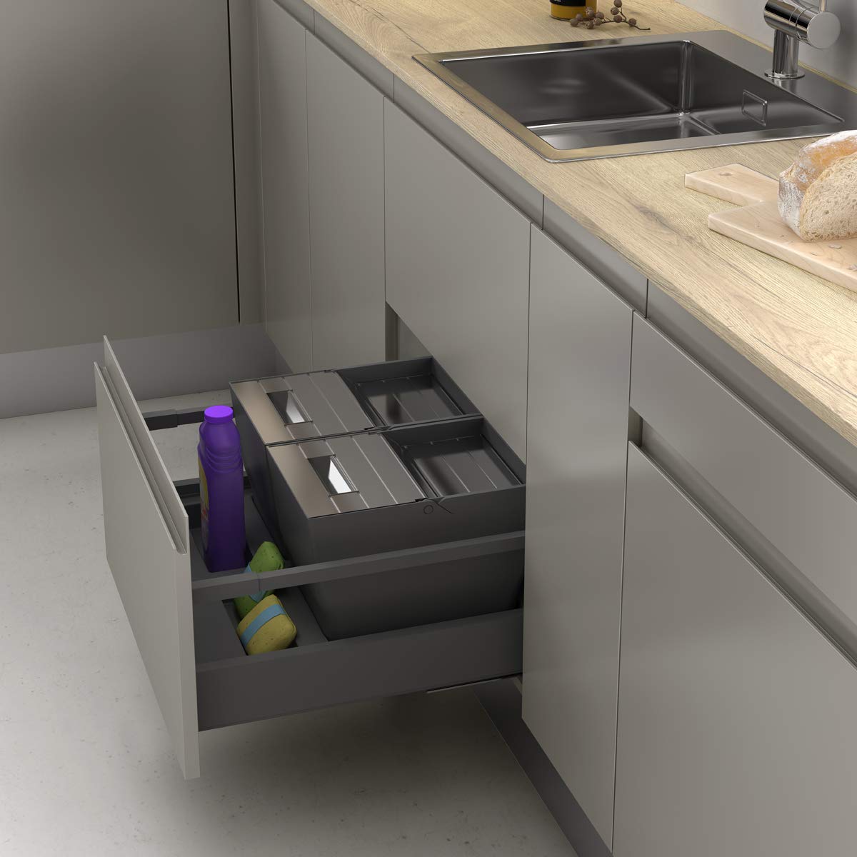 Menage Confort Pattumiera e Riciclaggio per Cassetto da Cucina - Coperchio in Acciaio Inox, PP Antracite, 900 mm Larghezza Mobile/Altezza Prodotto mm 235