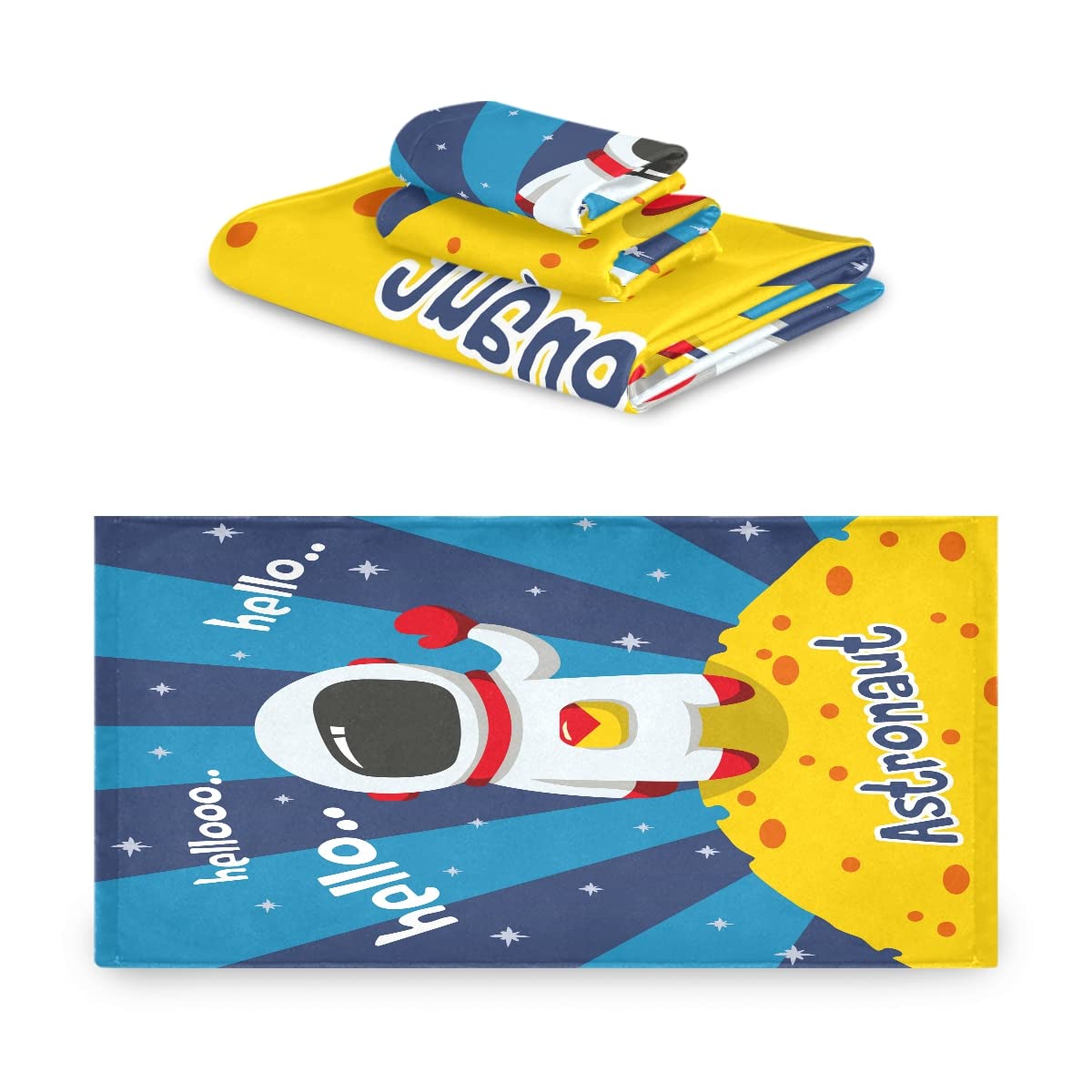 Astronauta Luna Linda Caricatura Juego de Toallas para Baño Playa 100% Algodón de Piscina Toalla (1 Toalla de Baño y 1 Toalla de Mano y 1 Paño de Lavado) para Nadar Hotel Niñas Niños Niños