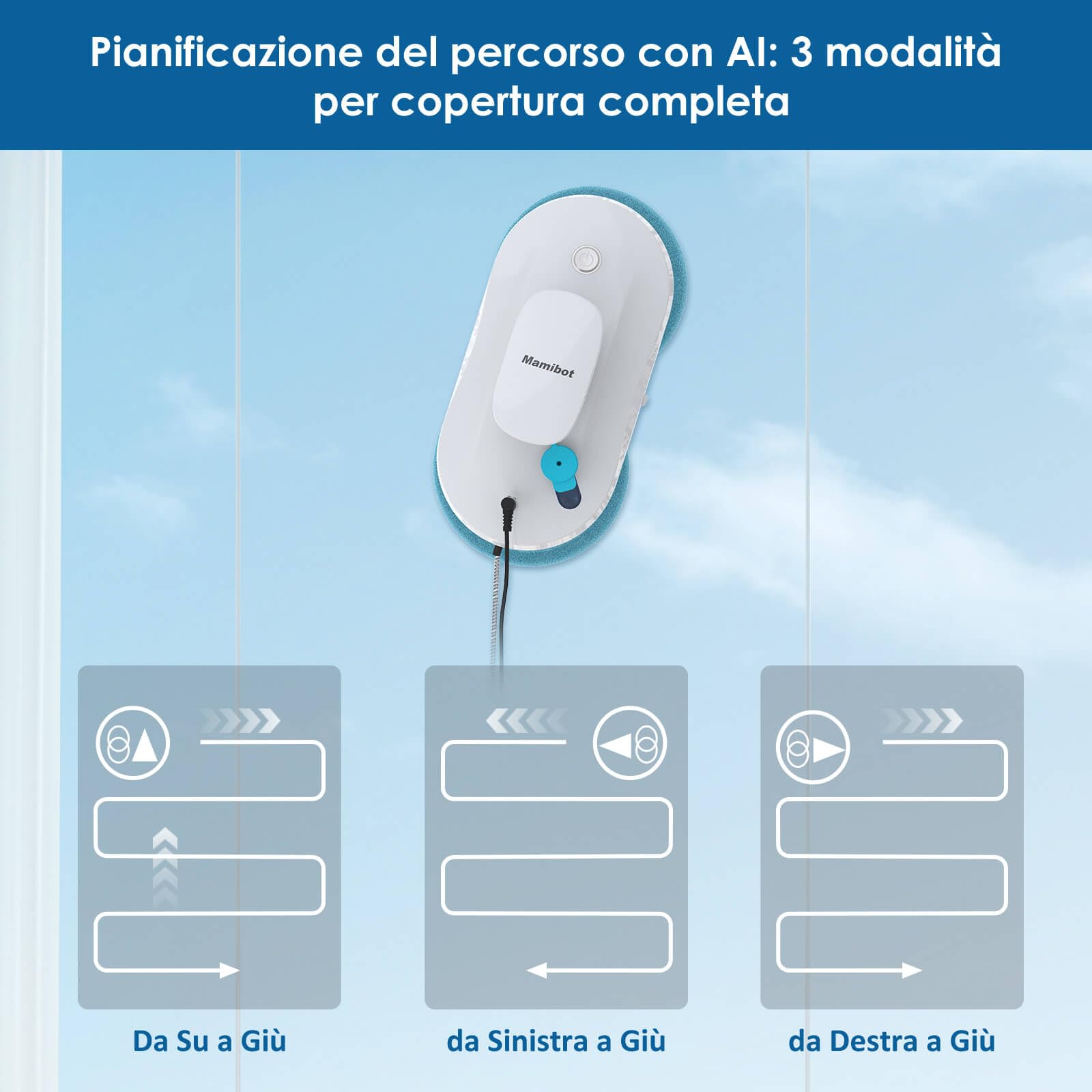 Mamibot W110-P - Robot di pulizia per finestre, automatico e intelligente, anti-goccia, con app e telecomando, per vetro, piastrelle, 12 panni (Bianco)