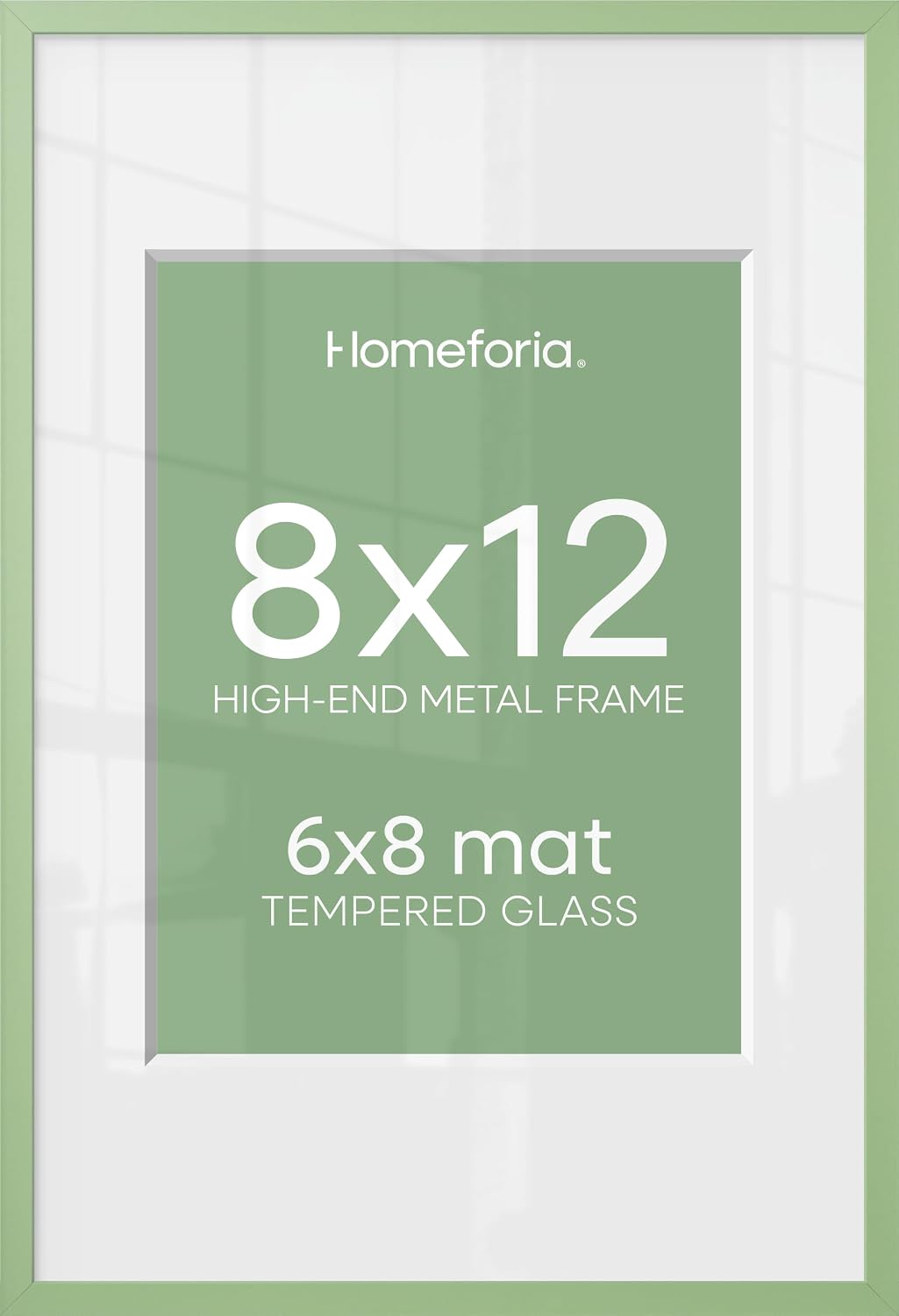Homeforia 8x12 Picture Frame Sage Green, High End Metal 8 x 12 Poster Frames with Mat 6 by 8 Photo, 12x8 Frame Matted to 6x8 inch Art, 8by12 Wall or Tabletop Frames, Tempered Glass, Wall Kit, Set of 1