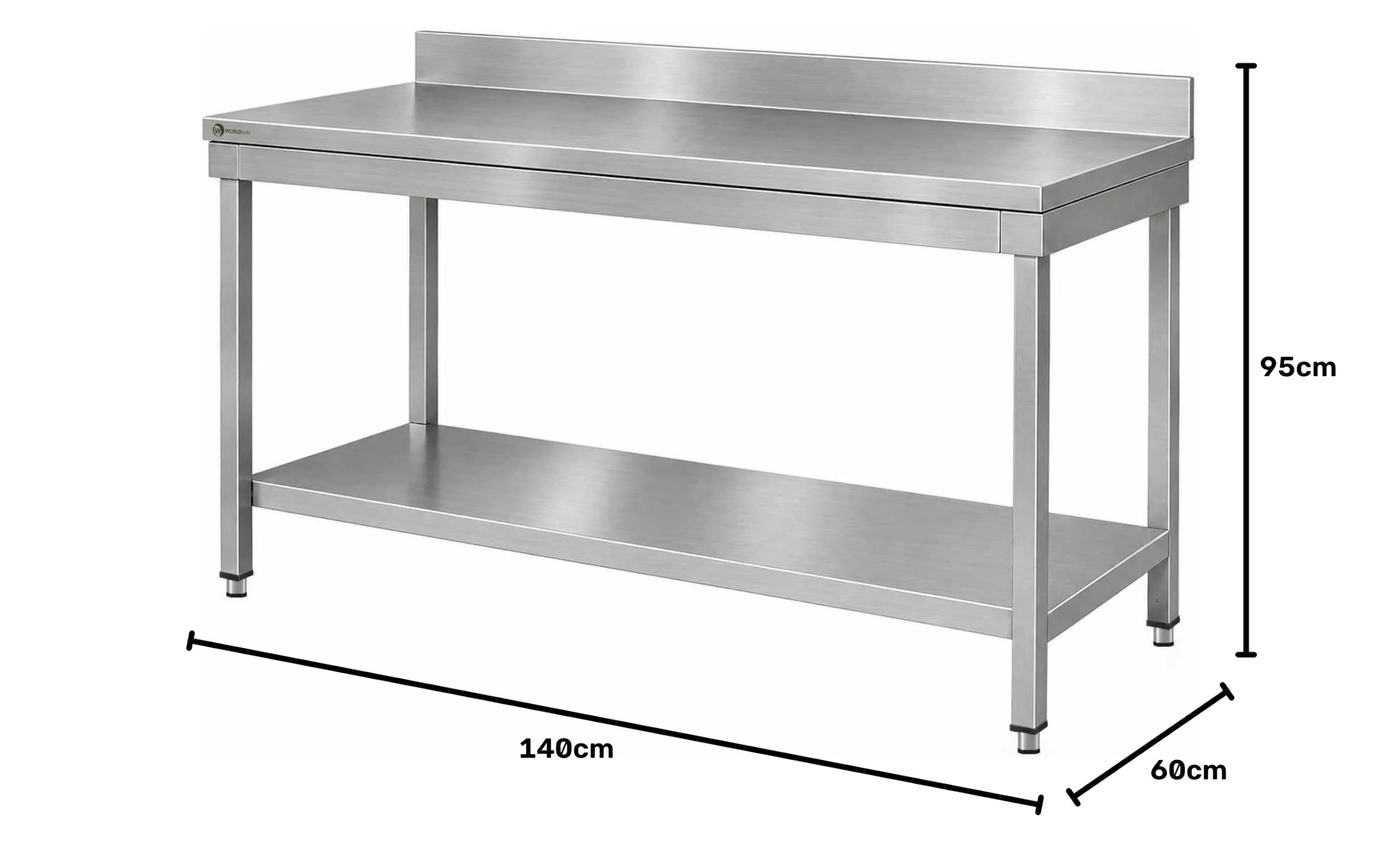 Tavolo da lavoro in acciaio inox professionale WORLDMAI 140 x 60 cm con ripiano inferiore e alzatina per ristorazione e cucina professionale.