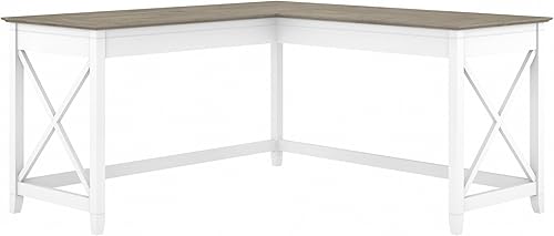 Bush Furniture Key West - Escritorio en forma de L, 60 de ancho, color blanco puro y gris