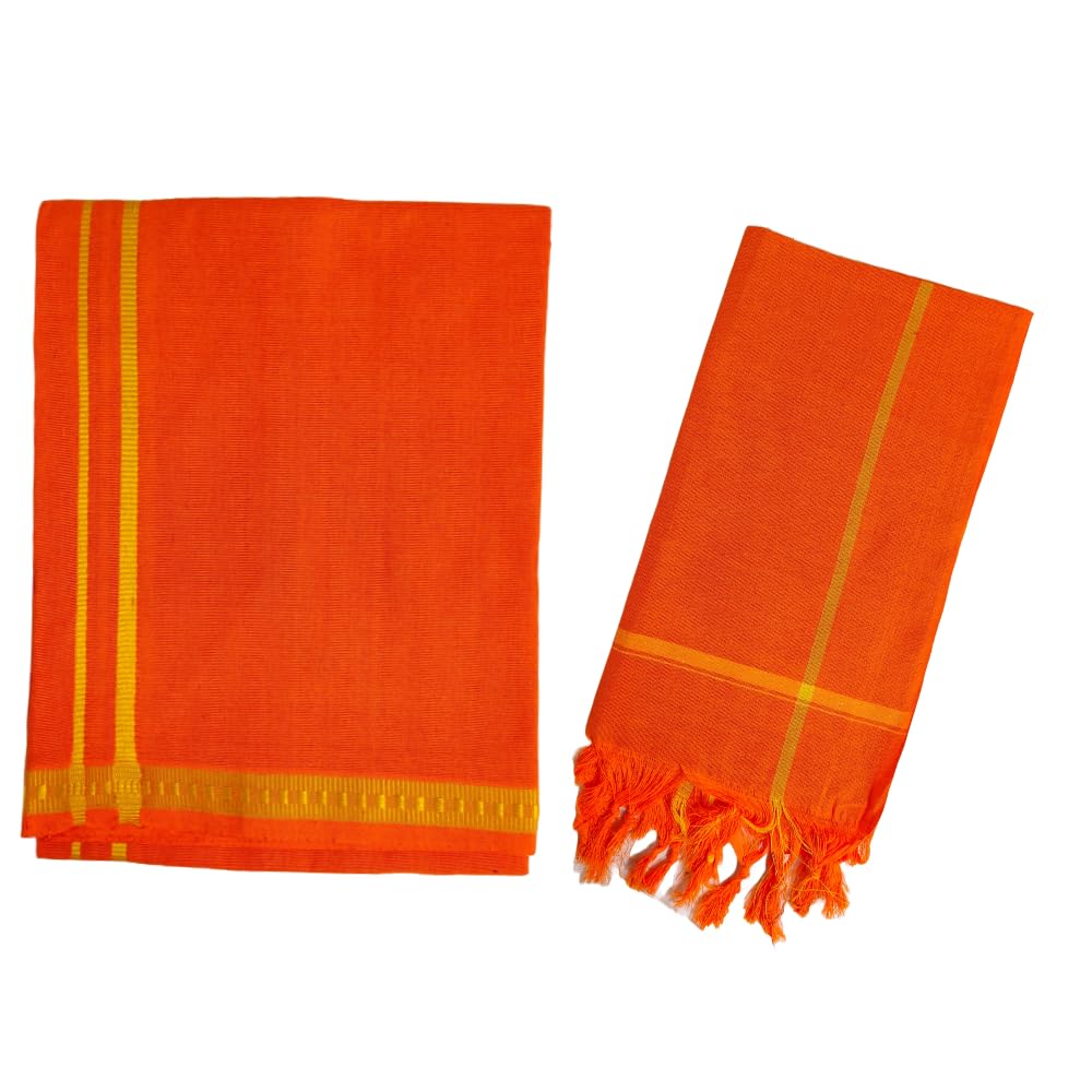 Mens Devotional Cotton Pentex Border Multicolour Dhoti (Pack of-1)-2.00 meters Single Madipu & Pooja Mudi Towel (Pack of 1)-30x60 inches|Temple wear|Pooja|Colour Combo Mundus|Vesti|Kaili|