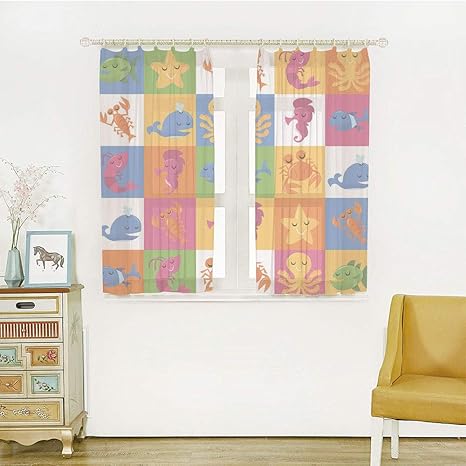 Amazon 海洋 夜も透けにくいミラーレース Uvカット ミラーカーテン 幅100cmｘ丈135cm 2枚入り 形状記憶加工 可愛い部屋飾り かわいい 水中動物海タコカニクジラヒトデイルカエビイラスト 多色 カーテン オンライン通販