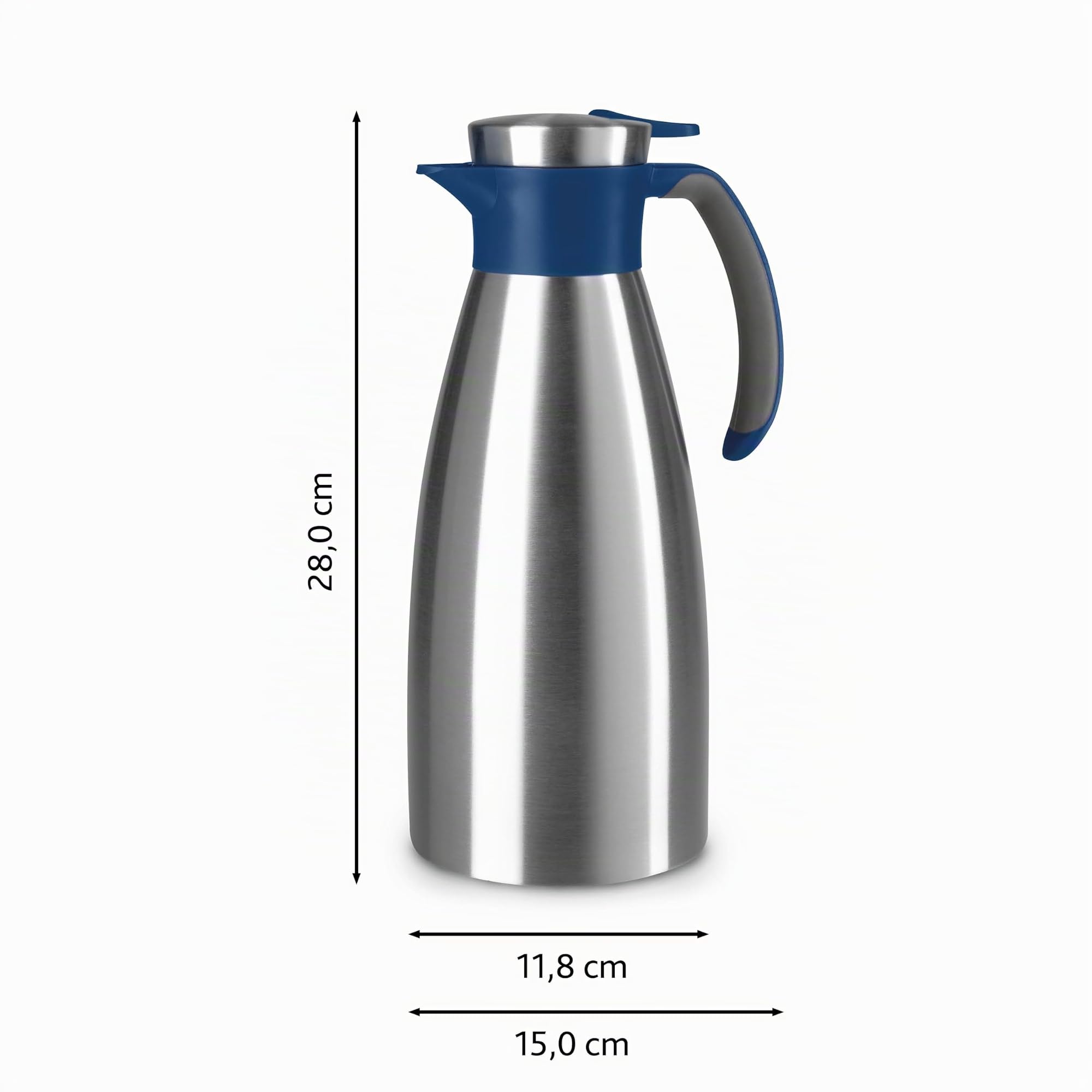 Emsa Soft Grip Isolierkanne, 1,5 Liter, Edelstahl, 12 Stunden heiß + 24 Stunden kalt, Auslaufsicher, Rutschfester Griff, Farbe Blau N4120400 Baby